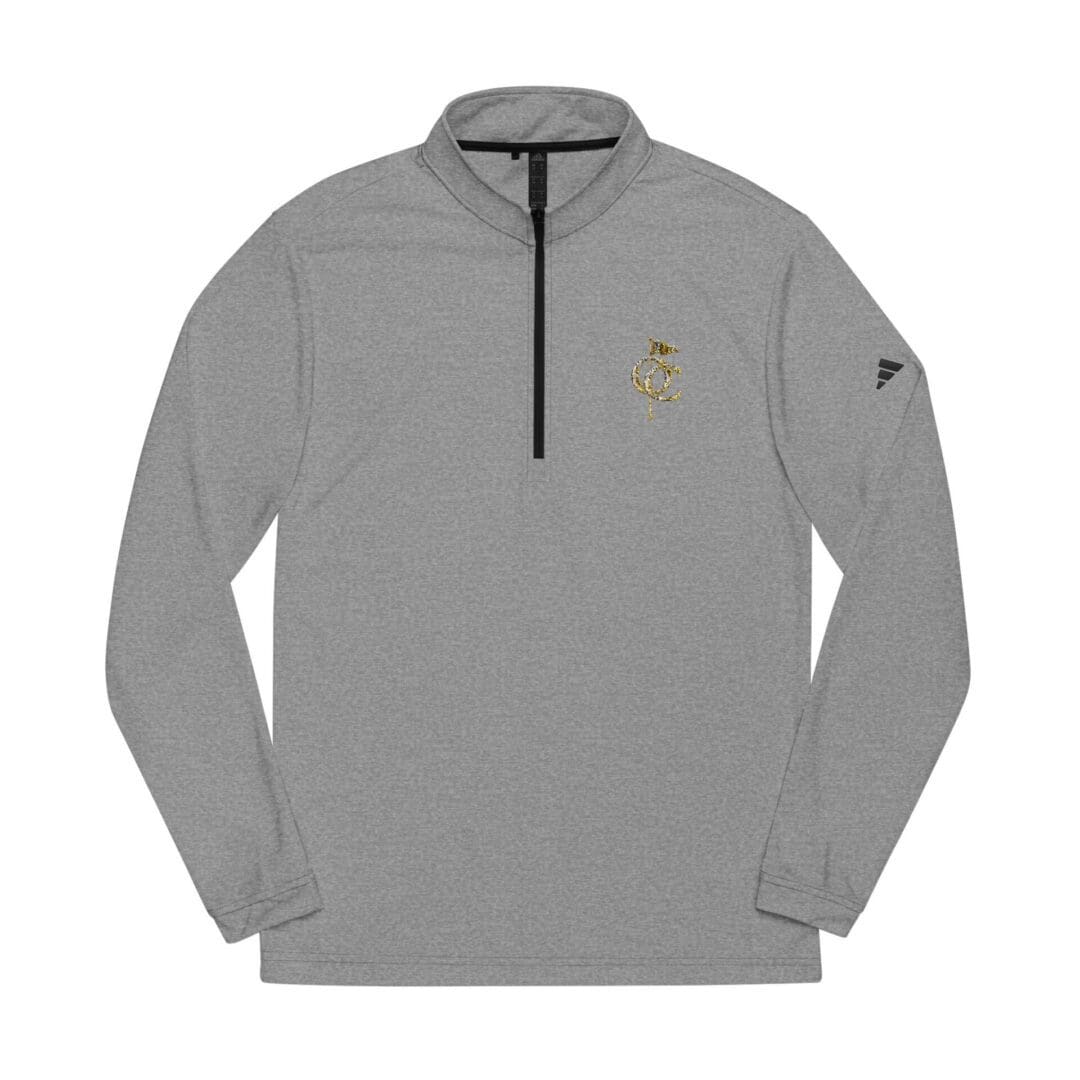 Gray long-sleeve quarter-zip pullover with subtle logo.