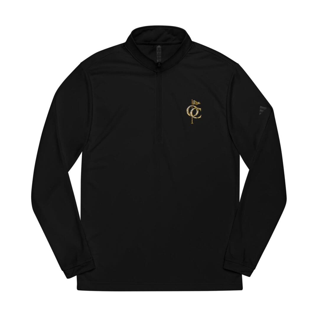 Black quarter-zip pullover with gold logo on chest.