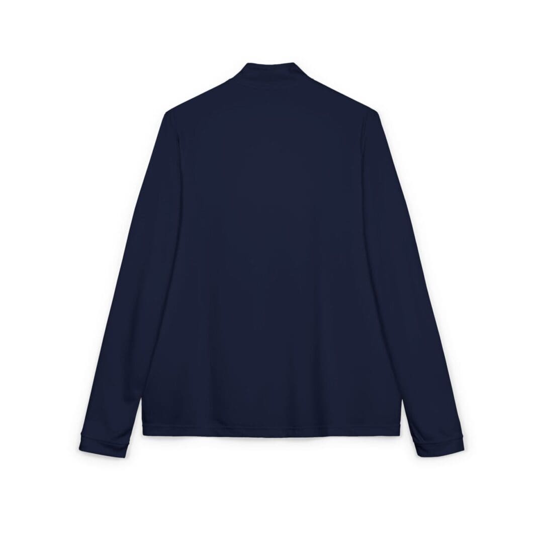 Navy blue long-sleeve turtleneck sweater laid flat.