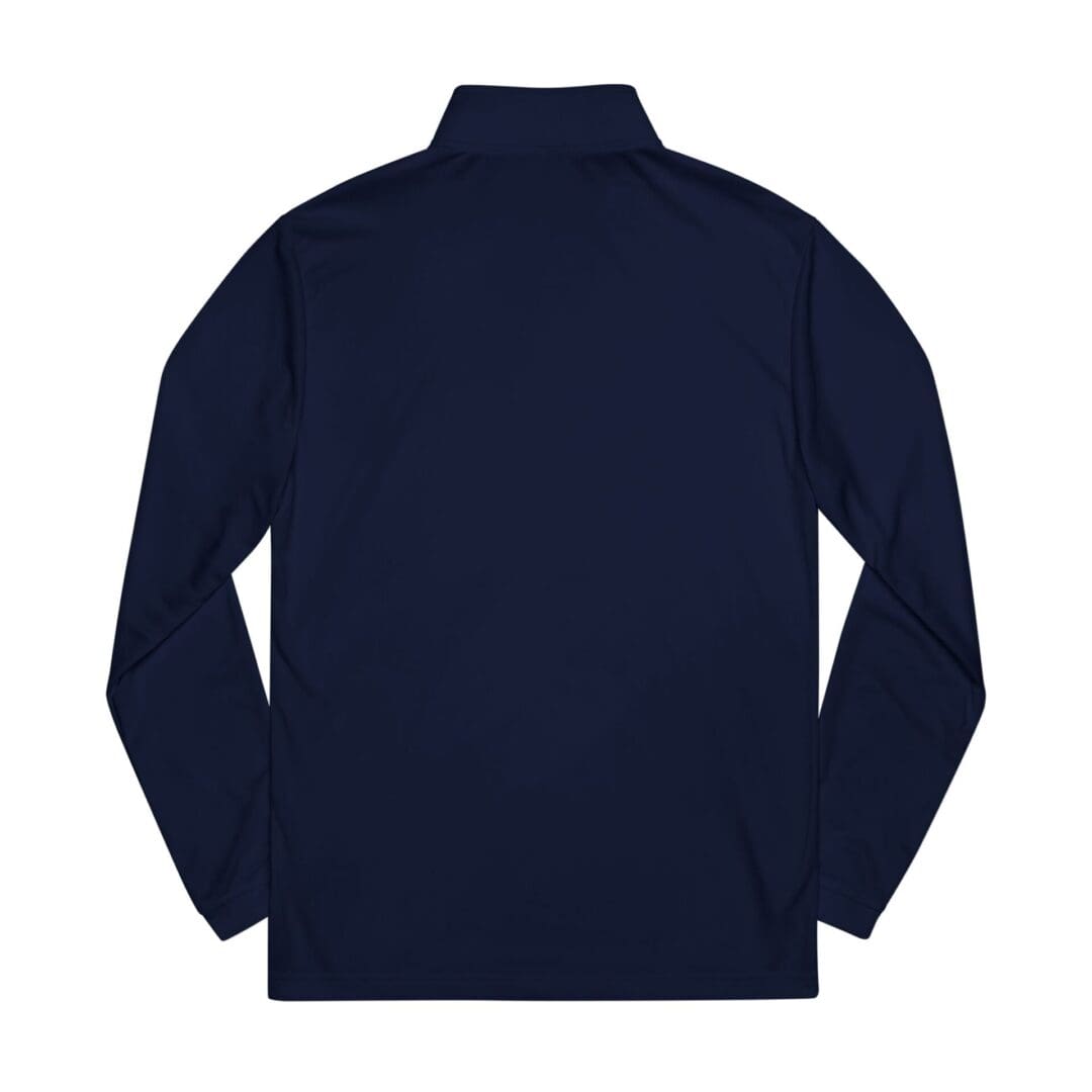 Navy blue long-sleeve shirt with a high collar, displayed from the back.
