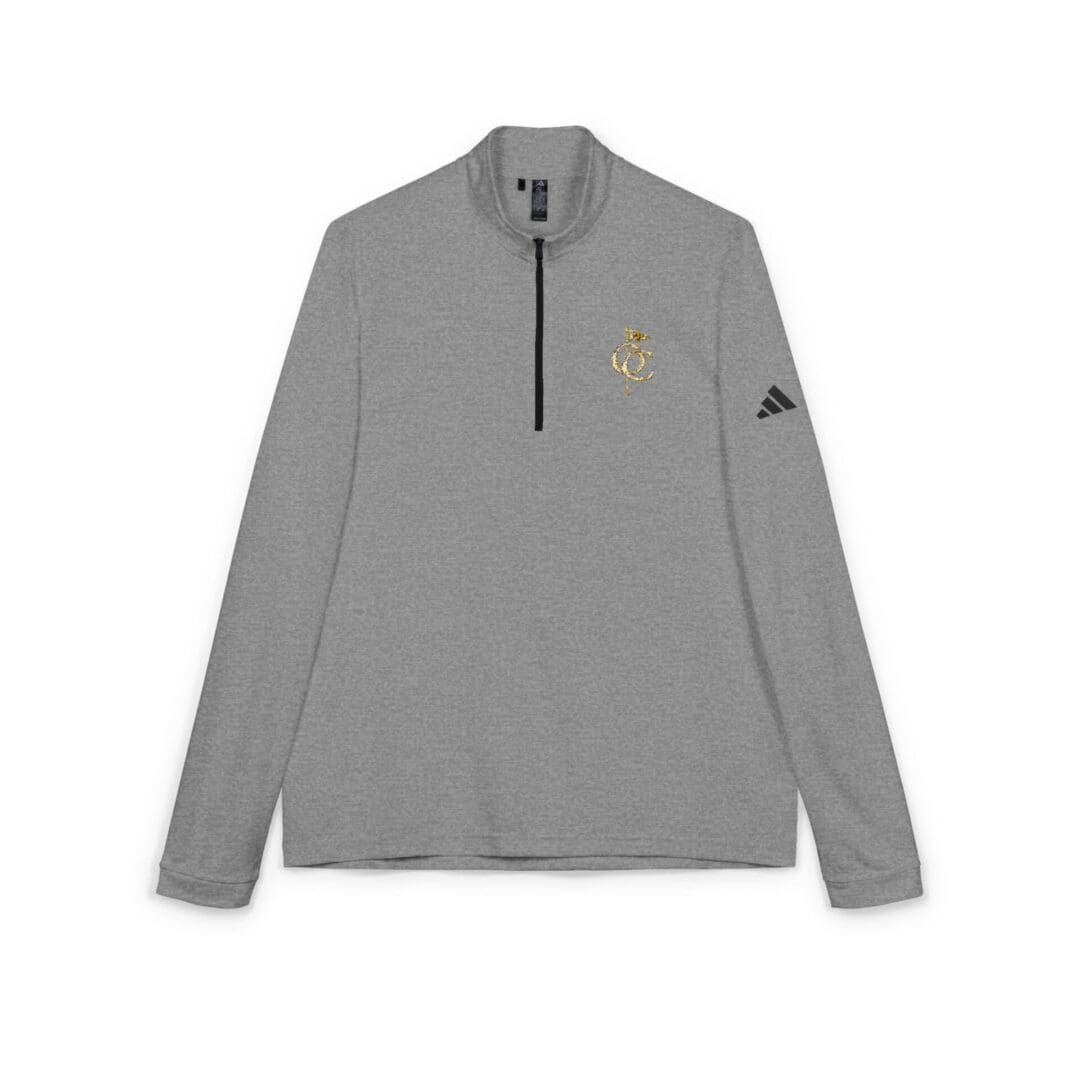 Gray long-sleeve quarter-zip pullover with logo details.