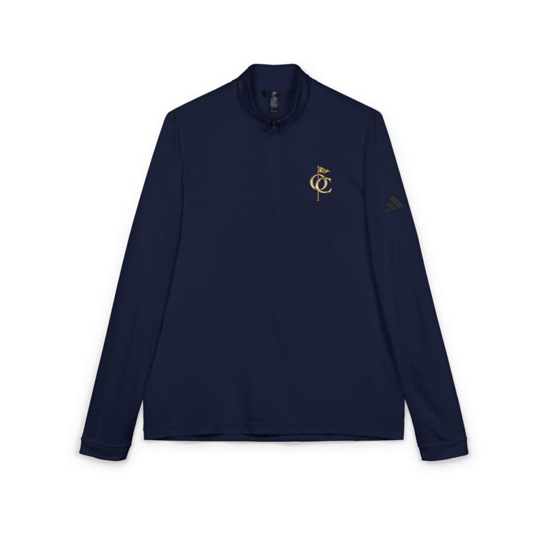 Navy blue long-sleeve shirt with a small embroidered crest on the chest.
