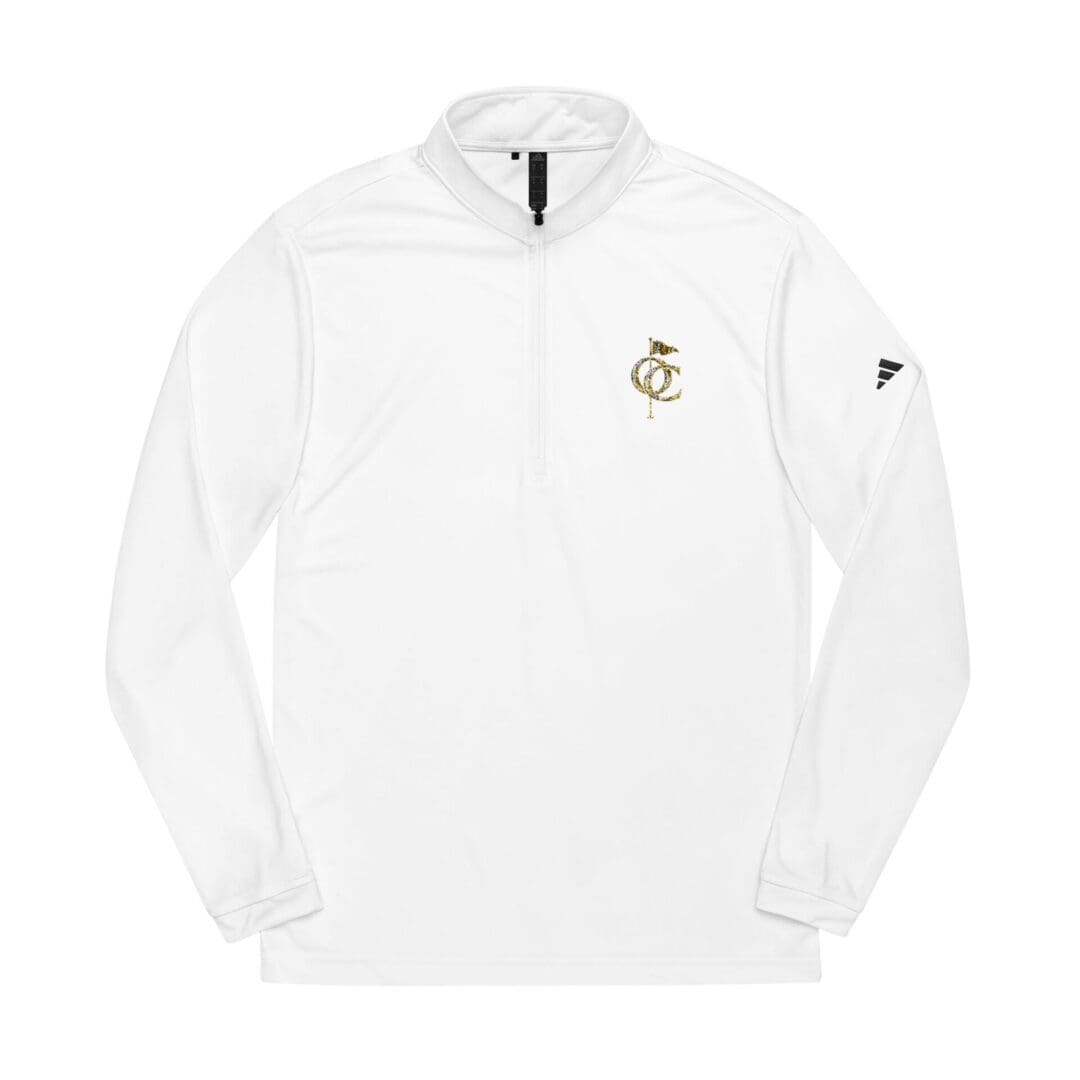White long-sleeve quarter-zip pullover with a small emblem on the chest and sleeve logo.