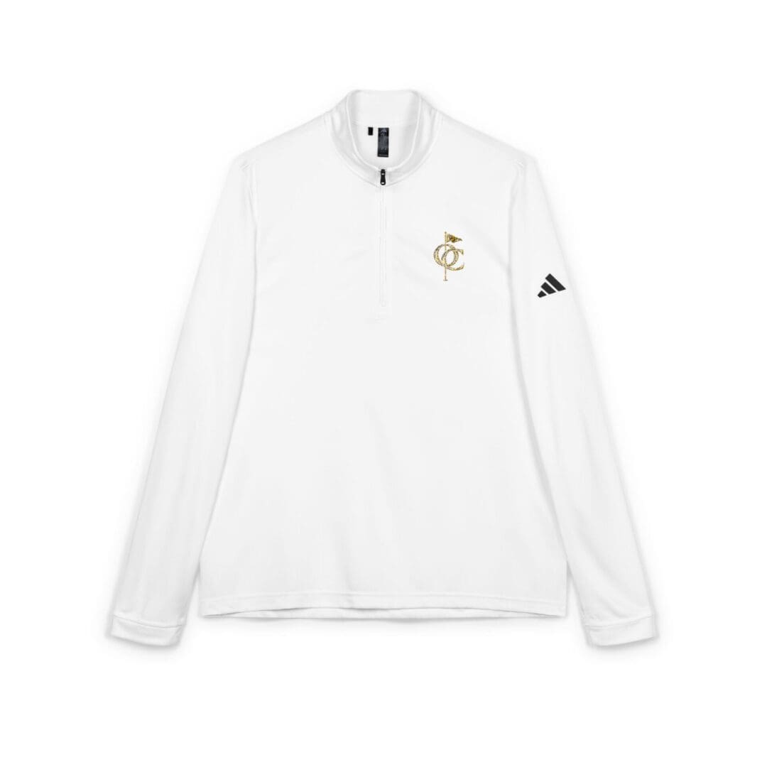 White long-sleeve polo shirt with embroidered logo and Adidas branding.
