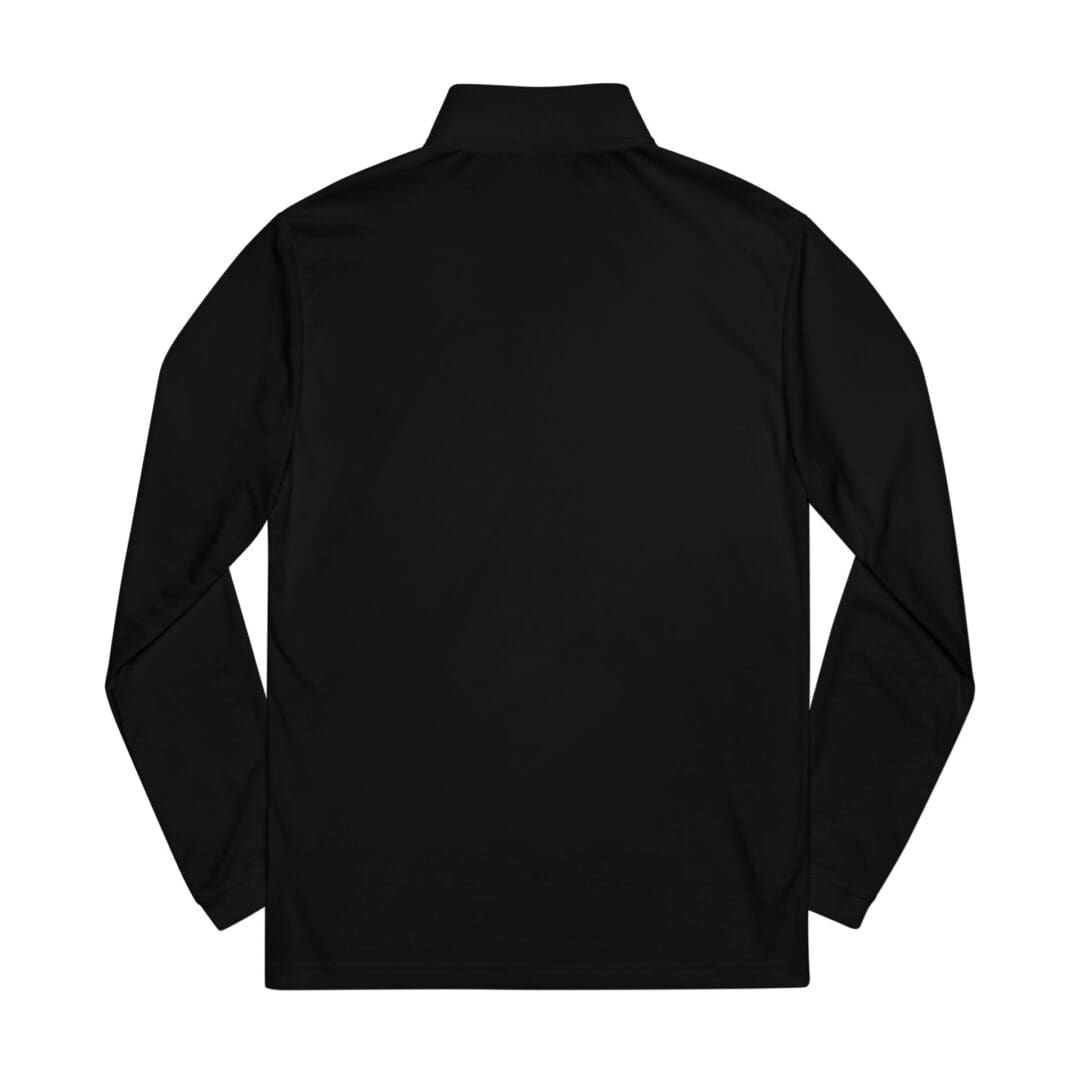 Black long-sleeve turtleneck shirt laid flat, back view.
