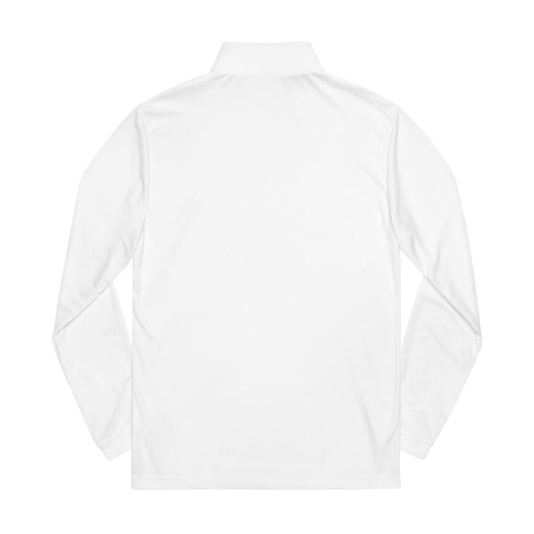 Plain white long-sleeve shirt with a collar, viewed from the back.
