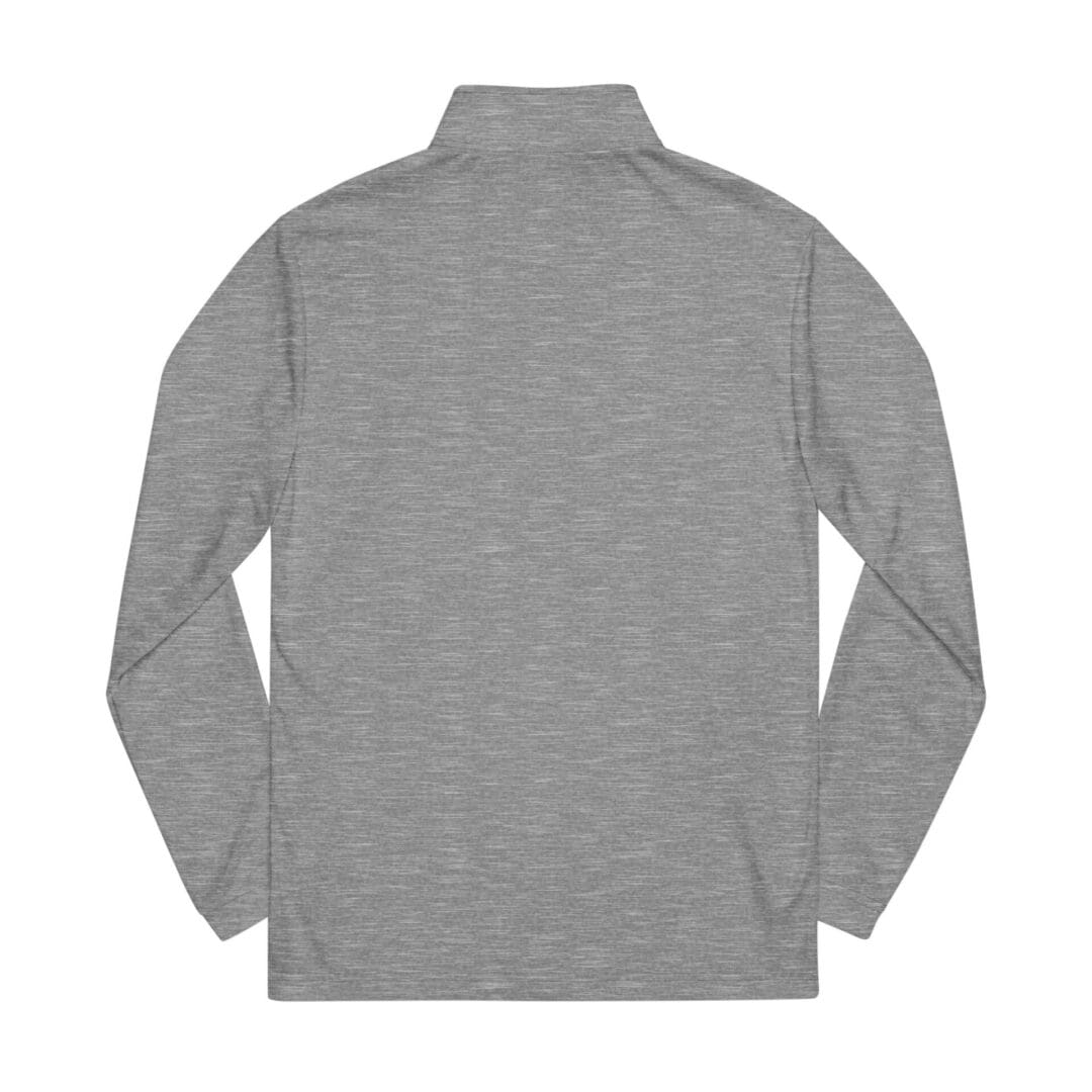 Back view of a plain gray long-sleeve shirt with a high collar.